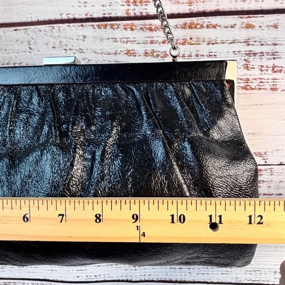 Vintage Talbots Black‎ Leather Gathered Frame Clutch Bag Silver Chain Strap